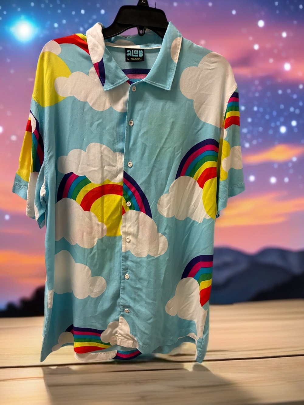 Zumies Men’s Sky Blue Rainbow Cloud Button-Up Shirt Size L